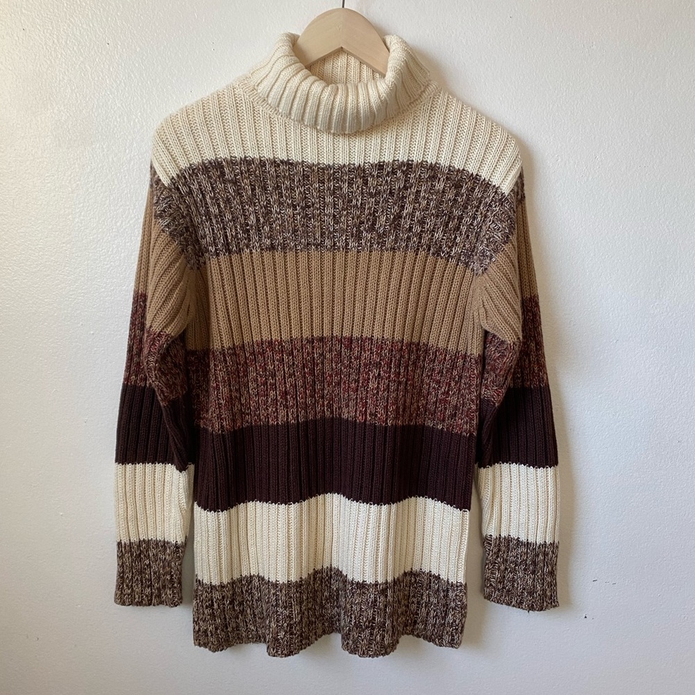 Denim&Co Turtleneck Sweater Ribbed Cream Brown Striped Chunky Knit Size Small